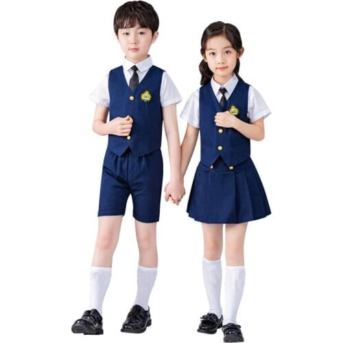 Summer Children Formal School Clothing Set Boys Girls British Class Uniform Set Kids Vest Shorts Shirts Tie 4pcs Costume