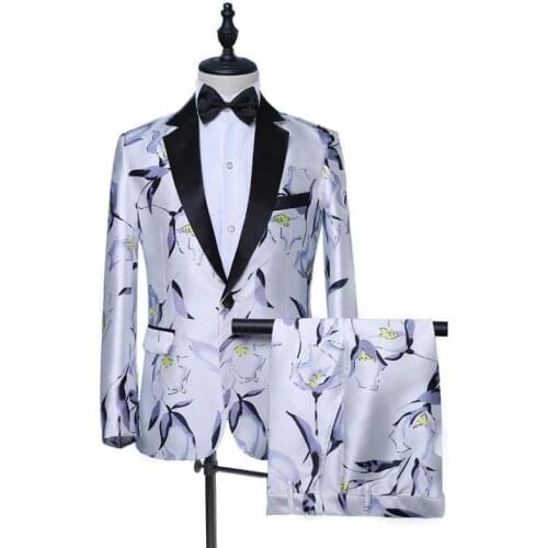 Men Fashion Tuxedo 2 Pieces Summer White Slim Fit Notch Lapel Groom Suit Singer Host Stage Show Costume
