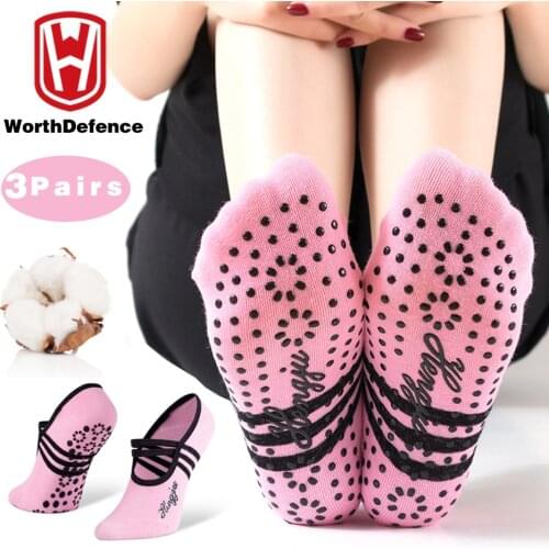 Worthdefence 3 Pairs Yoga Socks Slipper for Women Anti Slip Lady Ballet Heel Dance Compression Damping Bandage Pilates Sock