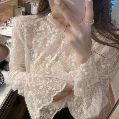 Fall/Winter New High Neck Mesh Lace Shirt for Women plus Size Long Sleeve Top