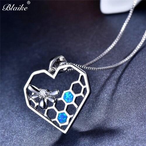 Blaike Personalized Hollow Heart honeycomb Shape Blue/White Fire Opal Pendant Necklace For Women Silver Color Gift