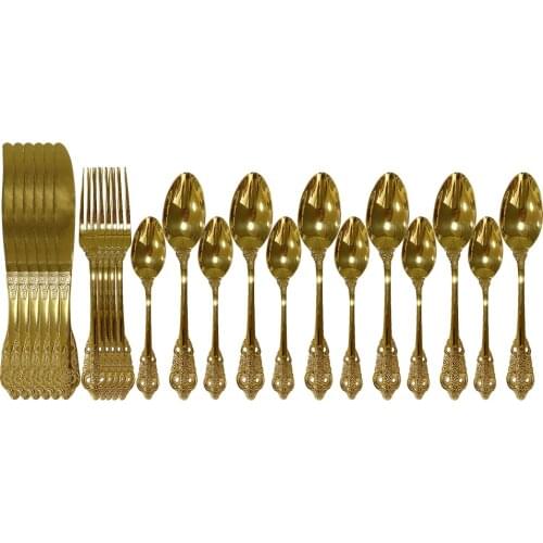 New Royal 24pcs Dinnerware Flatware Stainless Steel Cutlery Set Fork Knife Spoon Tableware Vintage Set Kitchen Gold Dinner Set