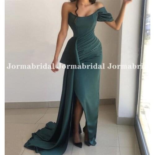 Side Slit Mermaid Evening Dresses With Streamer One Off Shoulder Pleat Satin Dark Green Prom Dress Formal Night Party Gowns