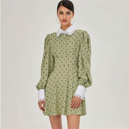 MUICHES Vintage Lantern Sleeve Polka Dot A-Line Dress Female High Waist Lace Mini Dresses For Women 2021 Sweet Fall