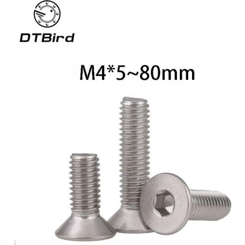 50pcs 304 Stainless Steel Countersunk Head / Flat Head Hexagon Socket Screws DIN7991 Flat Cup M4*5-80mm