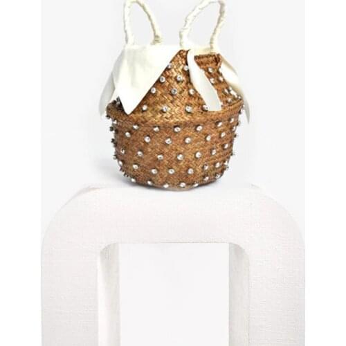 Handmade Diamond Straw Bag Designer Holiday with Pearl Ladies Woven Bucket Multi Color Handbags and Purses for Women 2020