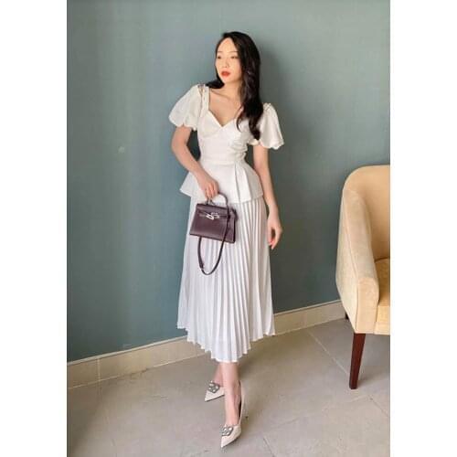 High Quality White Sexy Slash Neck Short Sleeves Top And Fold Mid Dress High Street Sweet Two Piece Suit