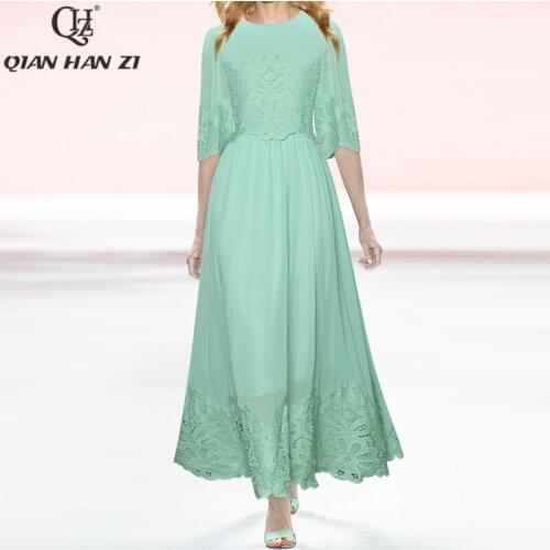 Qian Han Zi designer fashion runway Maxi dress Women half sleeve high quality applique Hollow out embroidered Long dress