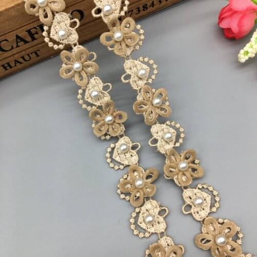1 Yard Brown Pearl Hearts Flowers Wave Embroidered Lace Trim Ribbon Fabric Sewing Craft For Costume Wedding Dress Decoration