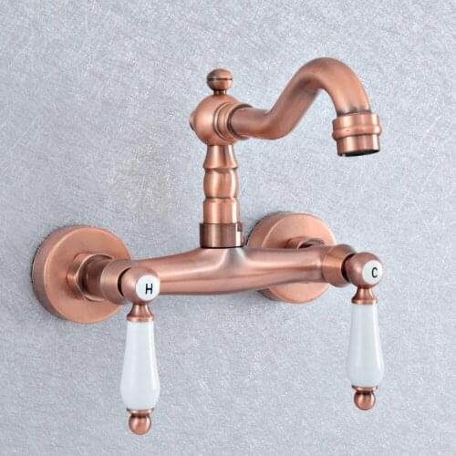 Antique Copper Wall Mount Basin Faucets Dual Handles Mixer Tap Hot Cold Water Mixer Tap For Kitchen 360 Rotation Kitchen Mixer