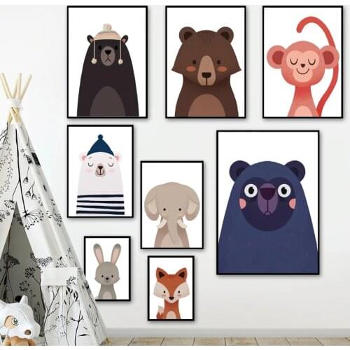 Rabbit, Fox, Monkey Bear Wall Print | Elephant Wall Art Canvas Nordic Painting Canvas Wall Posters And Prints Kids Room Pictures