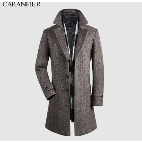 CARANFIER Mens Wool Blend Winter Overcoat Thick Cotton Male Jackets Scarf Long Jacket Men Solid Streetwear High Quality EU SIZE