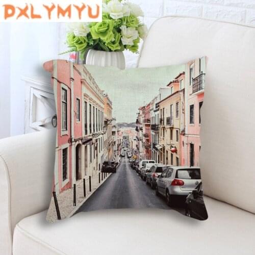 18" Nordic Cushion Cover Bus Ocean Beach City Landscape Printed Throw Pillow Case Linen Cushion for Sofa car Home Decor