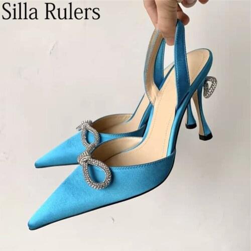 New Stain Rhinestone Bow Back Strap Summer Sandals Woman Pointed Toe Rhinestone Bow Heels Party Shoes Woman Runway Wedinng Shoes