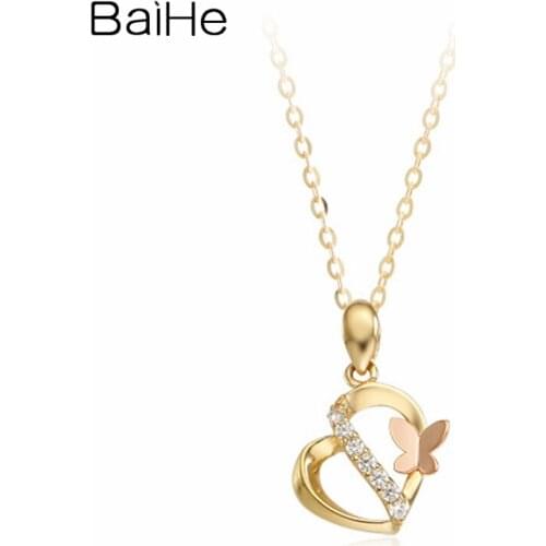 BAIHE Solid 18K Yellow Rose Gold 0.15ct Round Natural Diamond Women Wedding Fine Jewelry Beautiful heart-shaped Diamond Necklace
