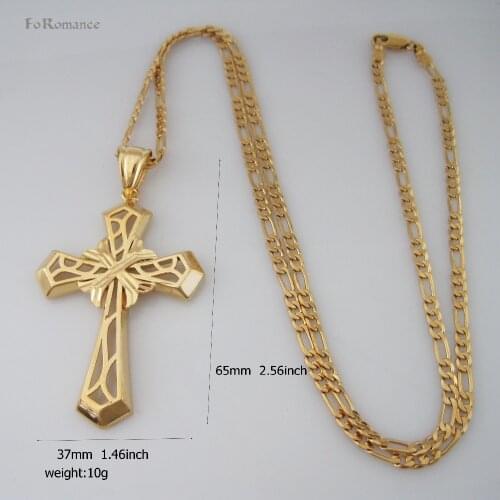 Foromance/ YELLOW GOLD GP 24" FIGARO NECKLACE & JESUS CROSS GOD RELIGION PENDANT HANGS 2.56"