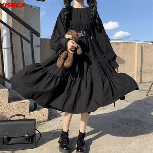 Japanese Harajuku Black Midi Dress Gothic Punk Style Suspenders Bandage Dress Women Vintage Ruffles Long Baggy Cosplay Costume