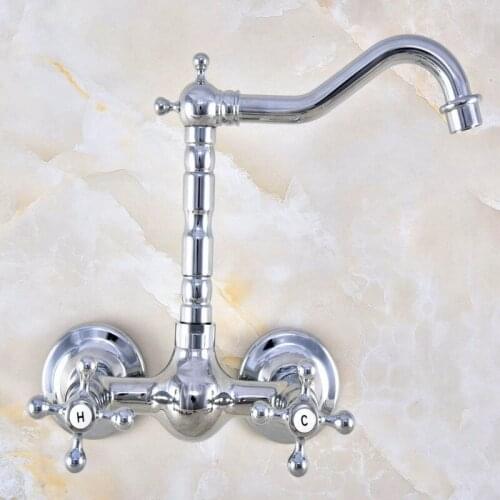 Polished Chrome Brass Wall Mounted Bathroom Kitchen Sink Faucet Swivel Spout Mixer Tap Dual Cross Handles mnf584