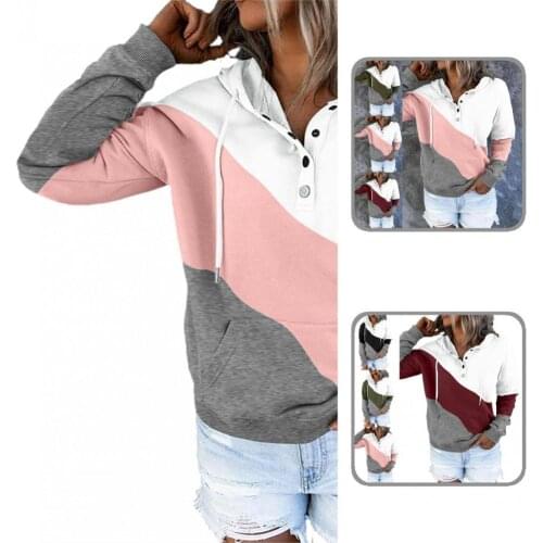 Buttons Neck Warm Drawstring Hooded Pocket Casual Hoodie Ladies Clothing