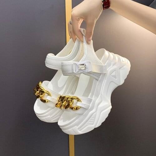 Casual Mesh Crystal Gold Chain Womens Sandals Sneakers On Platform Ankle Straps Slingback Summer Round Toe Outdoor Beach Shoes