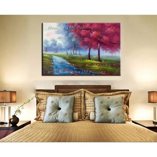 Superb Artist Hand-painted Red Tree Oil Painting Modern Wall Acrylic Paintings for Living Room Decor Road Landscape Art Pictures