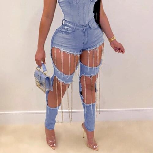 Ripped Fringed Jeans Womens 2021 New Spring And Autumn Sexy High-Waisted Trousers Chain Denim Trousers Ladies Nightclub Clothes