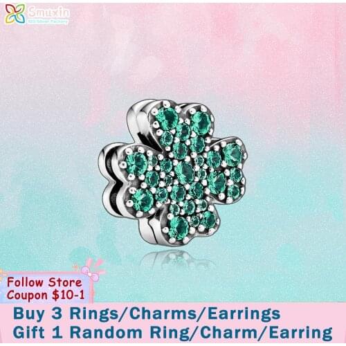 Smuxin 925 Sterling Silver Pave Four-Leaf Clover Clip Charm fit Original Pandora Bracelets for Women Jewelry Making Girl Gift
