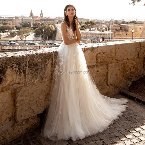 2021 A Line Wedding Dresses Vestido De Noiva Scoop Lace Sleeveless Illusion Appliques Backless Bridal Gown Sweep Train