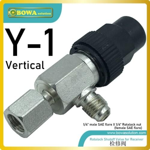 Vertical Rotalock shutoff valve is usually working together with angle valve of liquid refrigerant reciever for charging, etc