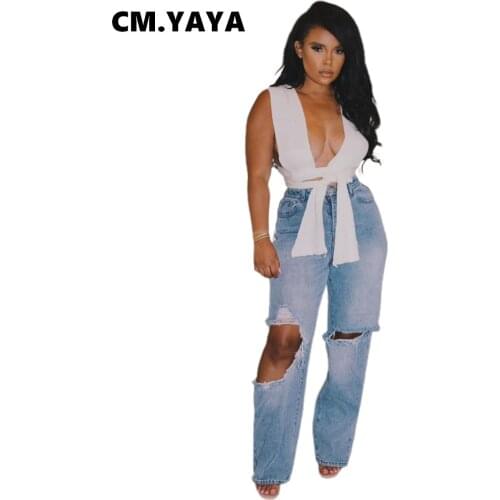 CM.YAYA Women Jeans Solid Ripped Hole Mid Waist Pockets Zip Loose Straight Wide Leg Denim Pants Fashion High Streetwear Summer