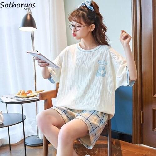 Women Pajama Sets Teenagers Sleepwear Cozy Loose Short Sleeve Tops Elastic Waist Shorts Females Lounge Home Fashion 2021 Newest