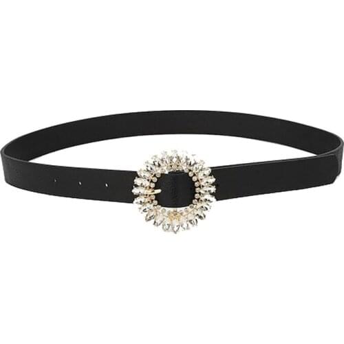 PU Leather Womens Belt With Glass Diamond Buckle High Quality Fashion Leather Thin Belt black Waistband BL531