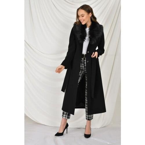 Womens Black Colar Furry Beli Gusset Intermediate Size Coat 3397