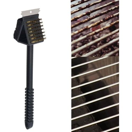 3 In 1 Corner Copper Wire Brush Barbecue Grill Oven Cleaning Bbq Brush Copper Wire Sponge Shovel Long Handle
