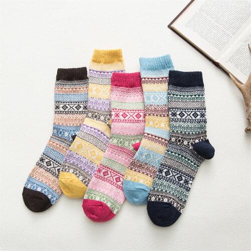 5 Pairs Winter Autumn Women Wool Socks Warmer Ethnic National Style Cashmere Thermal Thicken Rhombus Women Socks