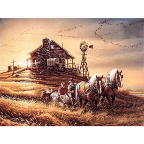5D DIY Full Square Round Wheat On The Field Carriage Diamond Painting Rhinestone Mosaic Picture Art Home Decoration FC572