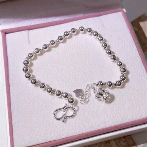 Real 925 Sterling Silver Elegant Bead Links Bracelets Suitable for Child & Adult Lasting Shiny Crown Delicate Glossy Bead Chain