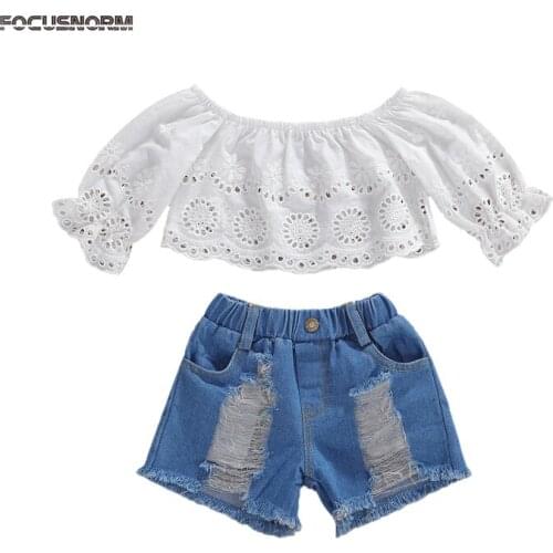 FOCUSNORM 1-6Y Autumn Baby Girls Clothes Sets Lace Floral Off Shoulder Long Sleeve Tops Denim Shorts