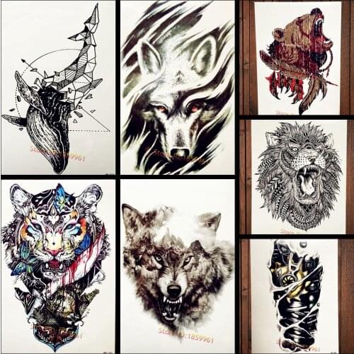 Mountain Hill Wolf King Temporary Tattoo Stickers Women Makeup Body Tattoo Arm Sleeve Waterproof Fake Black Totem Tattoo Flash