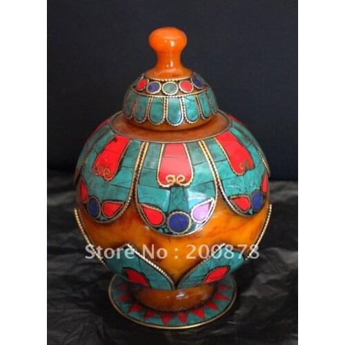 HDC0697 Tibetan decor arts,Beeswax vase,brass turquoise coral vase,Tibet collectibles,180*120mm,Resale and Wholesale,EMS free