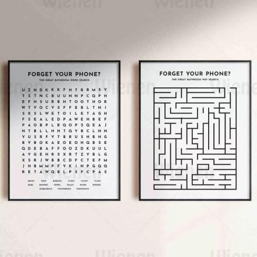 Canvas Painting Black White Minimalist Wall Art Canvas Poster and Print Letters Maze Forget Your Phone Bathroom Word Quotes