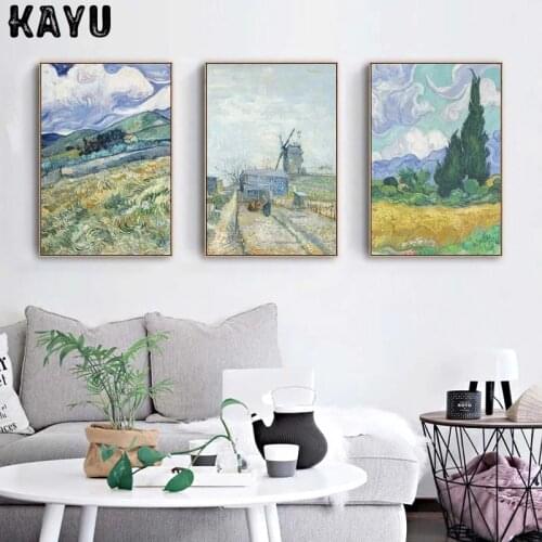 Van Gogh Wheat Field Landscape Canvas Painting Green Ldyllic Scenery Wall Art Posters Famous Oil Painting for Living Room Decor