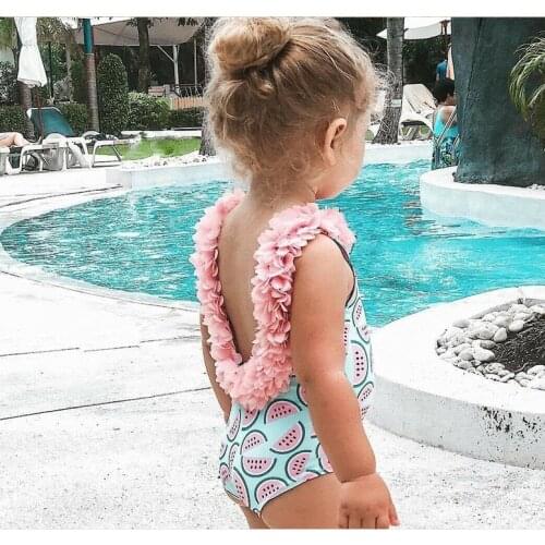Baby Girls Swimwear Watermelon Printed Backless Bikini Ruffle Neck One-piece Bathing Suit Floral Neck Ages 0-6 Years Old