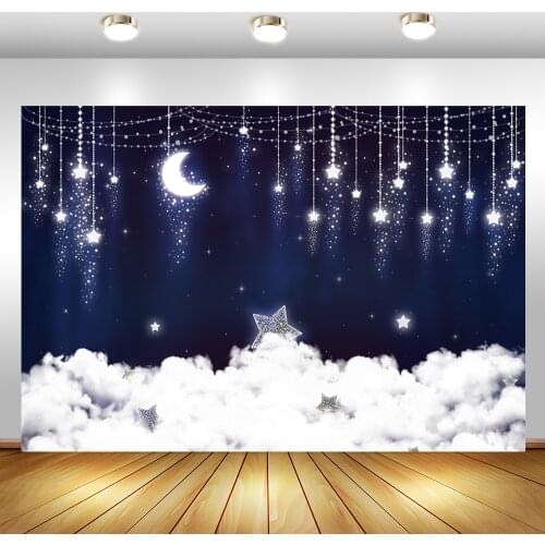 Twinkle Little Star Baby Shower Backdrop Flash Silver Stars White Clouds Background for Photography Navy Blue Birthday Backdrops