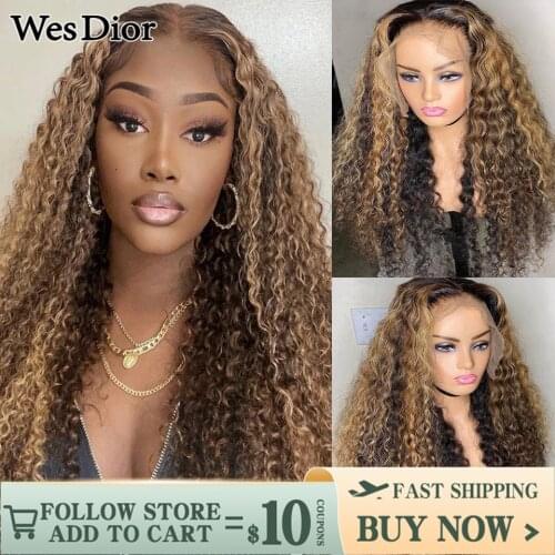 Ombre Curly Lace Front Wig Brazilian Highlight Curly Lace Front Human Hair Wigs For Women Pre-Plucked Remy T Part Lace Wig 180