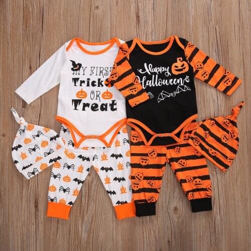 Dropshipping Halloween Clothes Baby Boy Girl Long Sleeve Cotton Bodysuit Tops Long Pant Trouser Hat 3PCS Baby Clothing Set