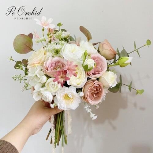 PEORCHID Dusty Pink Wedding Bouquet For Bride Silk flowers Artificial Rose Ramo De Novia 2021 Bridal Bouquet Novia Accesorios