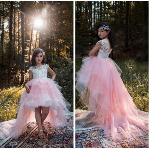 Vintage Pink High Low Flower Girls Dresses With White Applique Lace Little Kids First Communion Dress Girls Photography Dresses