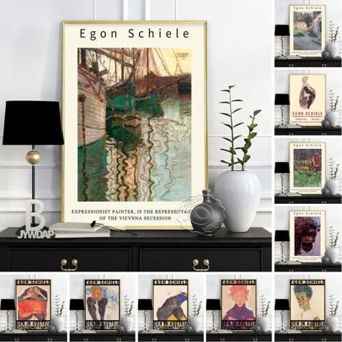 Egon Schiele Exhibition Poster, Schiele Harbor Of Trieste Self-Portrait With Striped Shirt Art Prints, Expressionism Home Decor