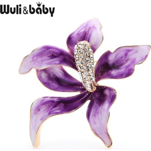 Wuli&baby Big Purple Enamel Orchid Flower Brooches Women Alloy Czech Rhinestone Luxury Flower Weddings Brooch Pins Gifts